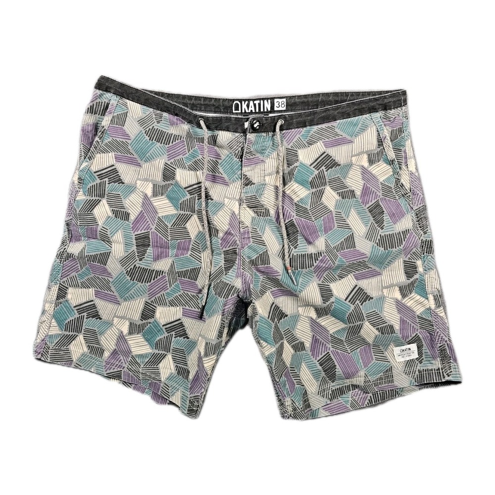 Katin Mens Board Shorts Size 38 Abstract Geometric Stripe Stretch Surf Swim